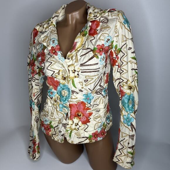 Johnny Was Jackets & Blazers - Johnny Was Womens Embroidered Button Up Jacket Small Cream Floral Bohemian Artsy